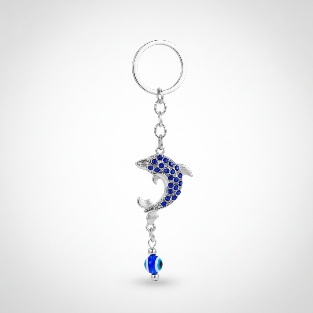 Blue Crystal Dolphin Evil Eye Charm Keychain