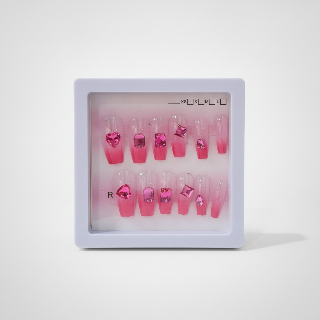 Pink Ombré Press-On Nails with Gem Charms – Kids & Adults
