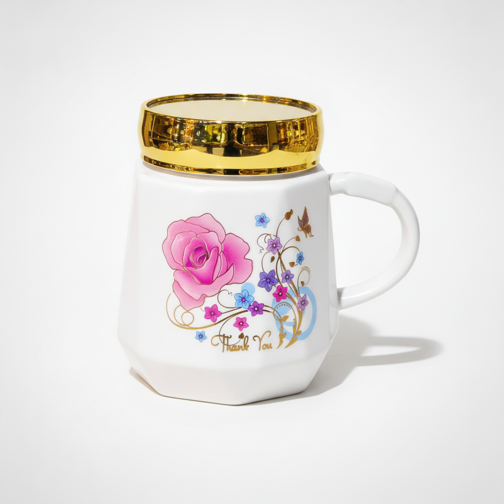 Thank You Rose Ceramic Mug with Gold Rim Lid