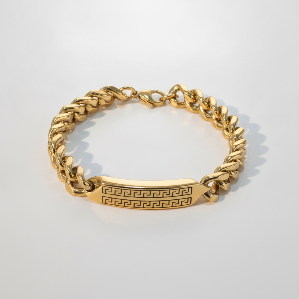 Gold Cuban Link ID Bracelet with Greek Key Pattern