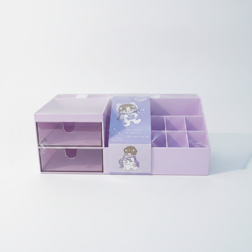 Purple Kawaii Desktop Organizer with Drawers & Compartments
