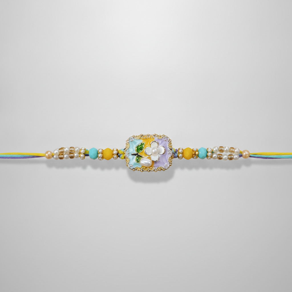 Floral Meenakari Rakhi with Pearl & Bead Accents
