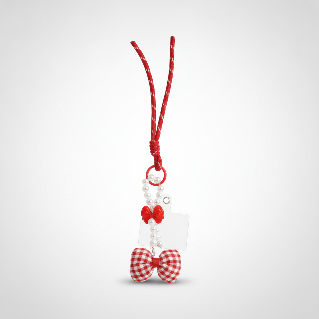 Red Gingham Bow Pearl Mobile Phone Keychain Charm
