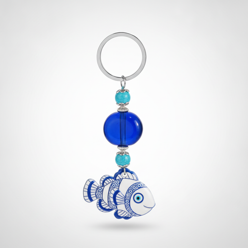 Evil Eye Fish Keychain with Turquoise & Cobalt Blue Beads