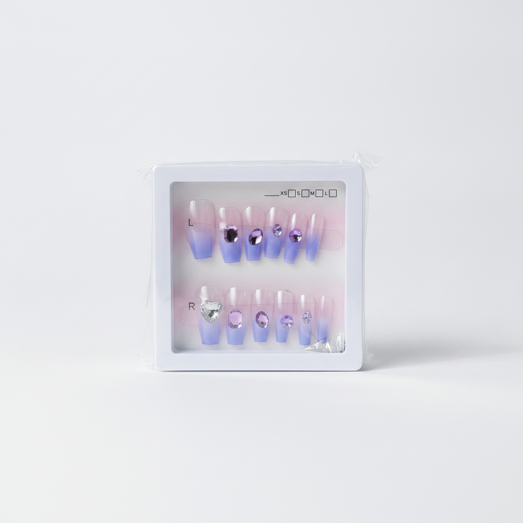 Purple Ombre Press-On Nails with Rhinestone Gems