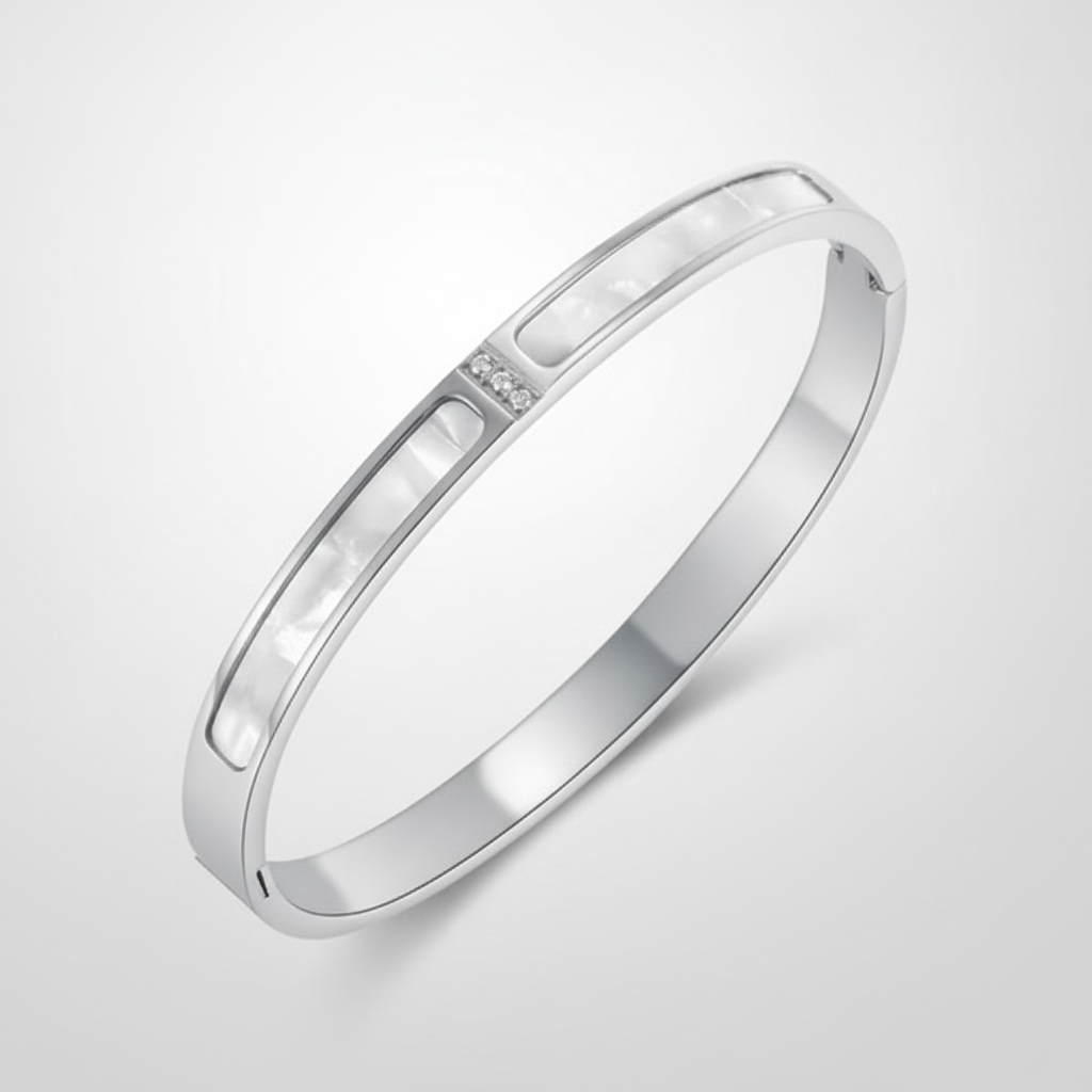 Mother of Pearl & Crystal Silver Bangle Bracelet for Women