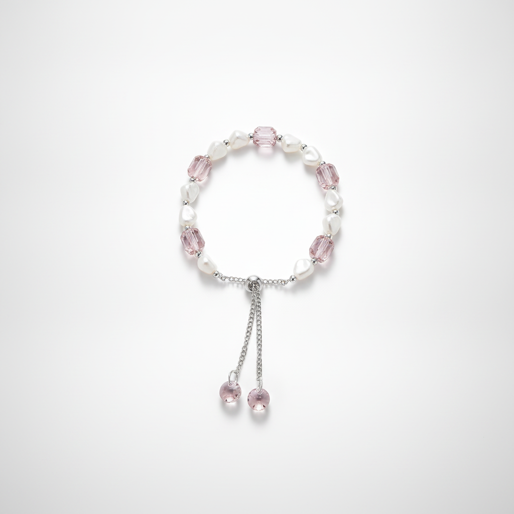 Pearl & Rose Crystal Bead Bracelet with Heart Charm Drops