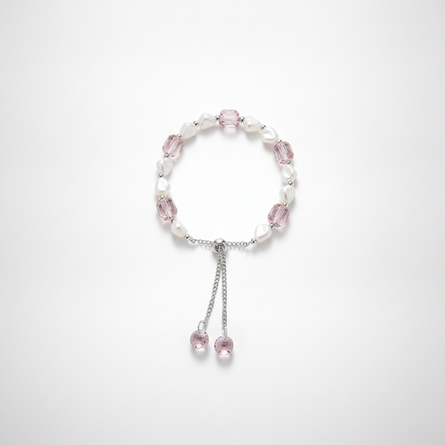 Pearl & Rose Crystal Bead Bracelet with Heart Charm Drops
