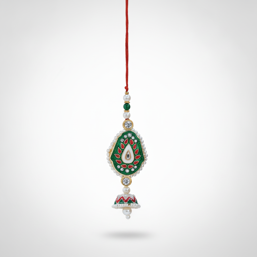 Meenakari Kundan Rakhi with Jhumki Charm & Pearl Beads