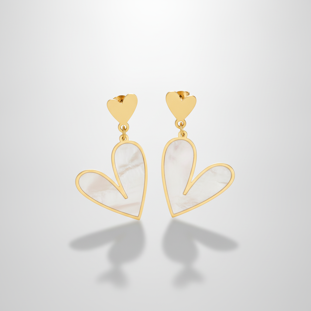 Gold & Mother of Pearl Double Heart Drop Earrings