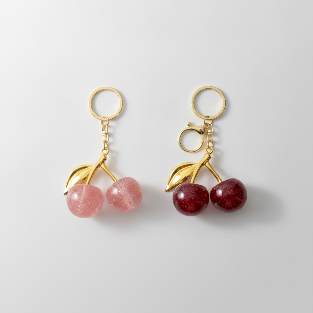 Cherry Charm Keychains – Glitter Resin with Gold Accents