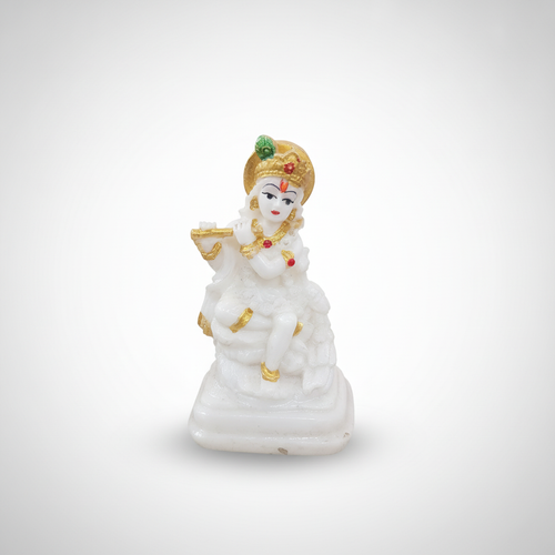 White Marble Krishna Idol Statue with Gold Accents