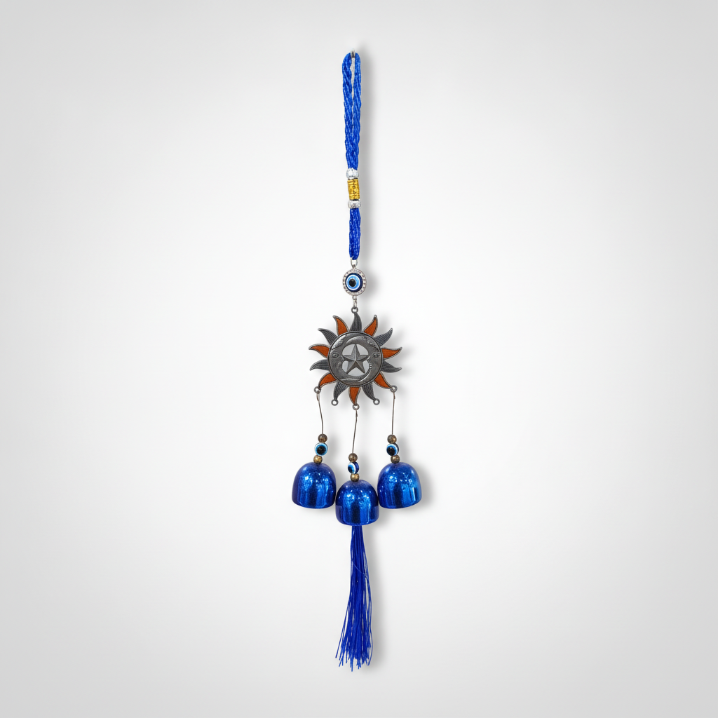 Evil Eye Sun Wind Chime with Blue Bells & Tassel
