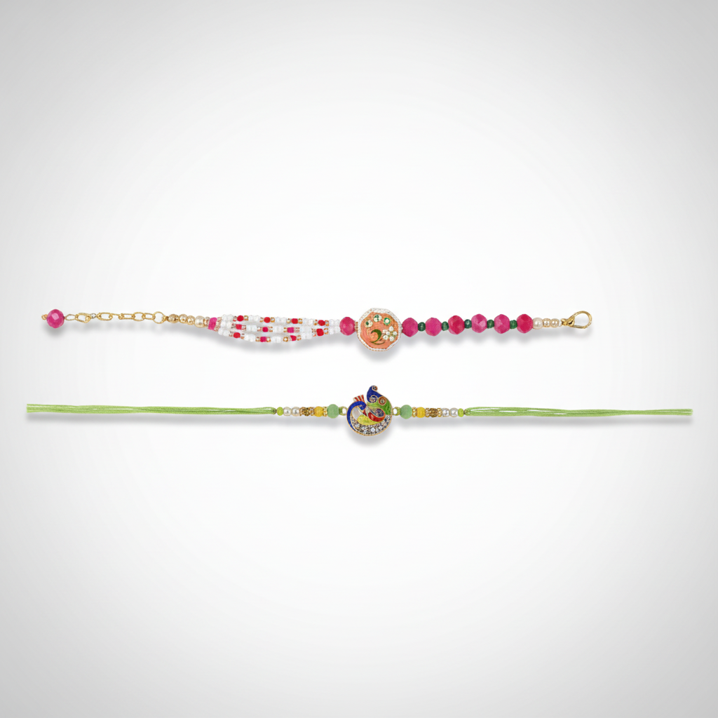 Bhaiya Bhabhi Rakhi Set – Meenakari & Beaded Duo