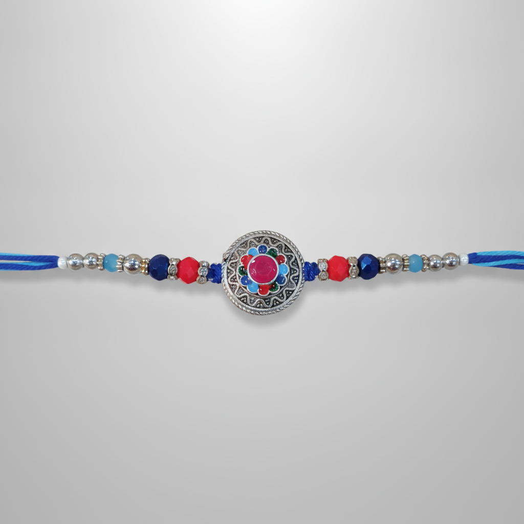 Meenakari Mandala Rakhi – Blue Thread & Crystal Beads