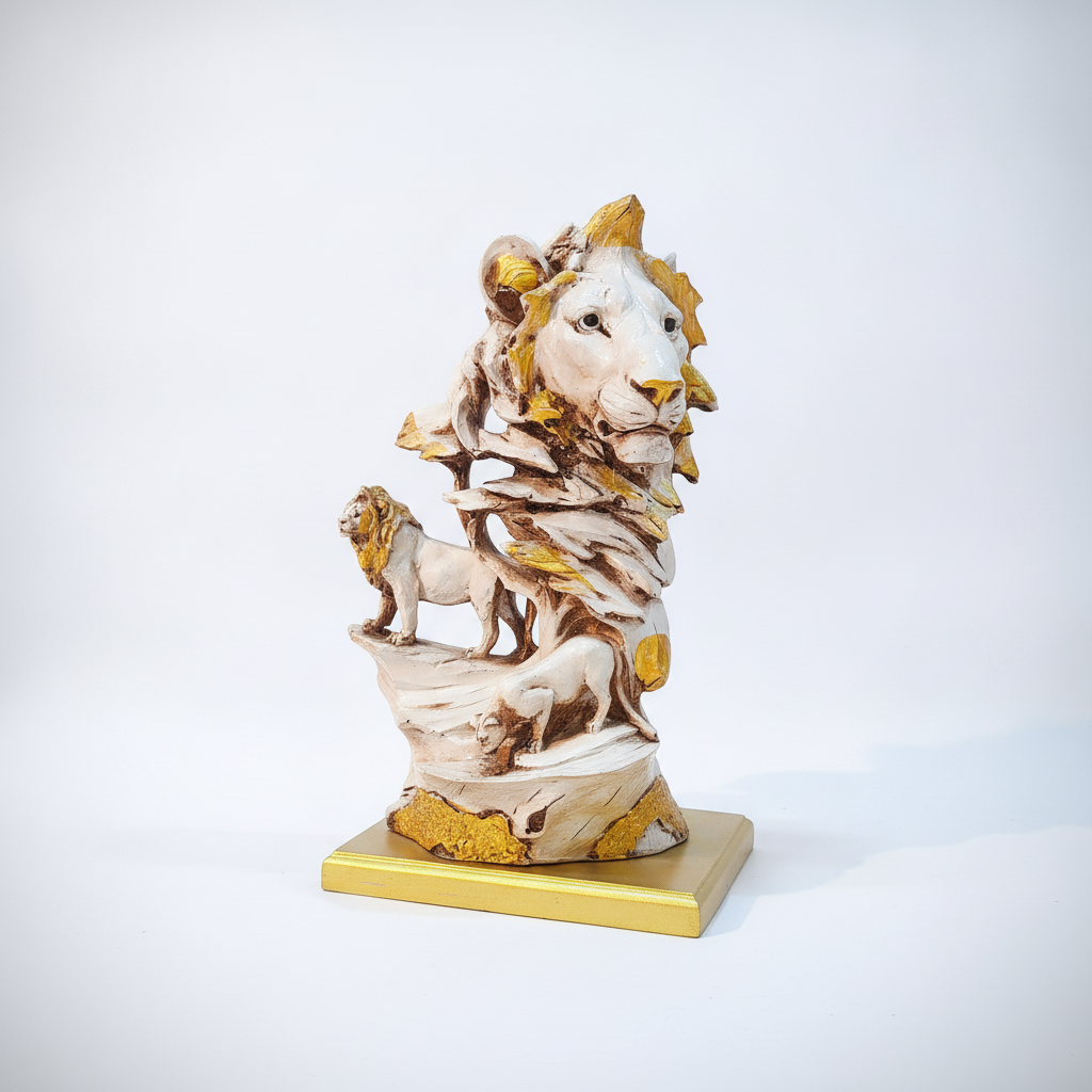 Majestic Lion Head Sculpture – White & Gold Poly Resin, 12"