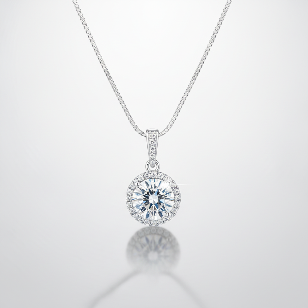 Halo Diamond Pendant Necklace in Sterling Silver