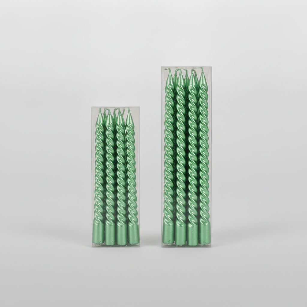Metallic Green Twisted Taper Candles – Box of 6