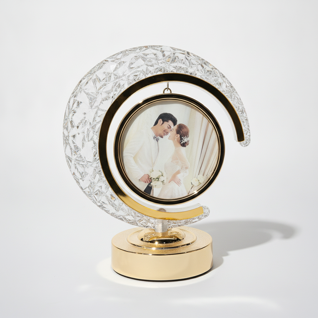 Crystal Moon LED Photo Frame – Rotating Crescent Keepsake
