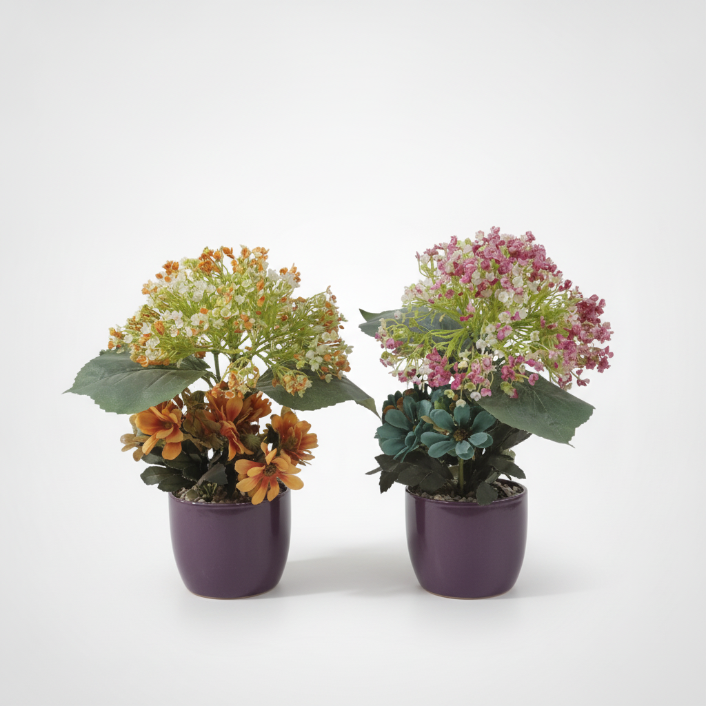 Artificial Flower Arrangement in Glossy Purple Ceramic Pot