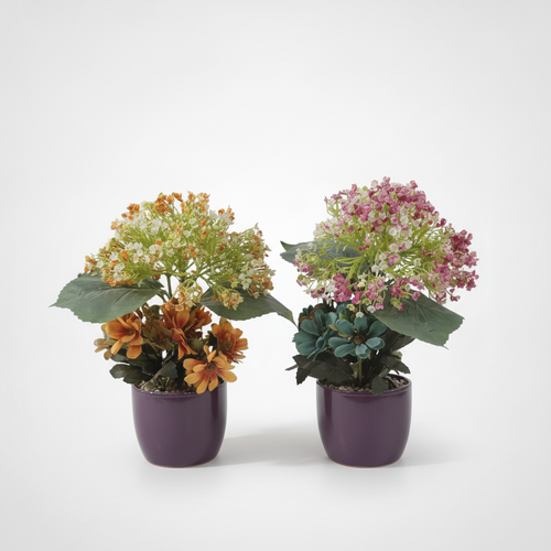 Artificial Flower Arrangement in Glossy Purple Ceramic Pot