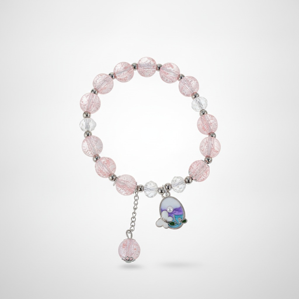 Pink Crackle Crystal Bead Bracelet with Floral Charm