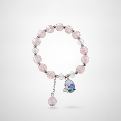 Pink Crackle Crystal Bead Bracelet with Floral Charm