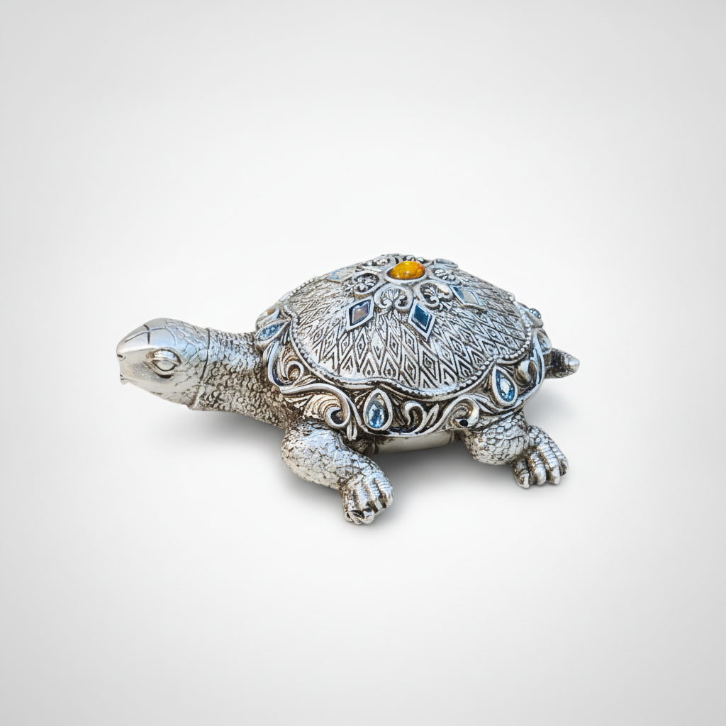 Silver Jeweled Turtle Trinket Box Figurine with Gemstones