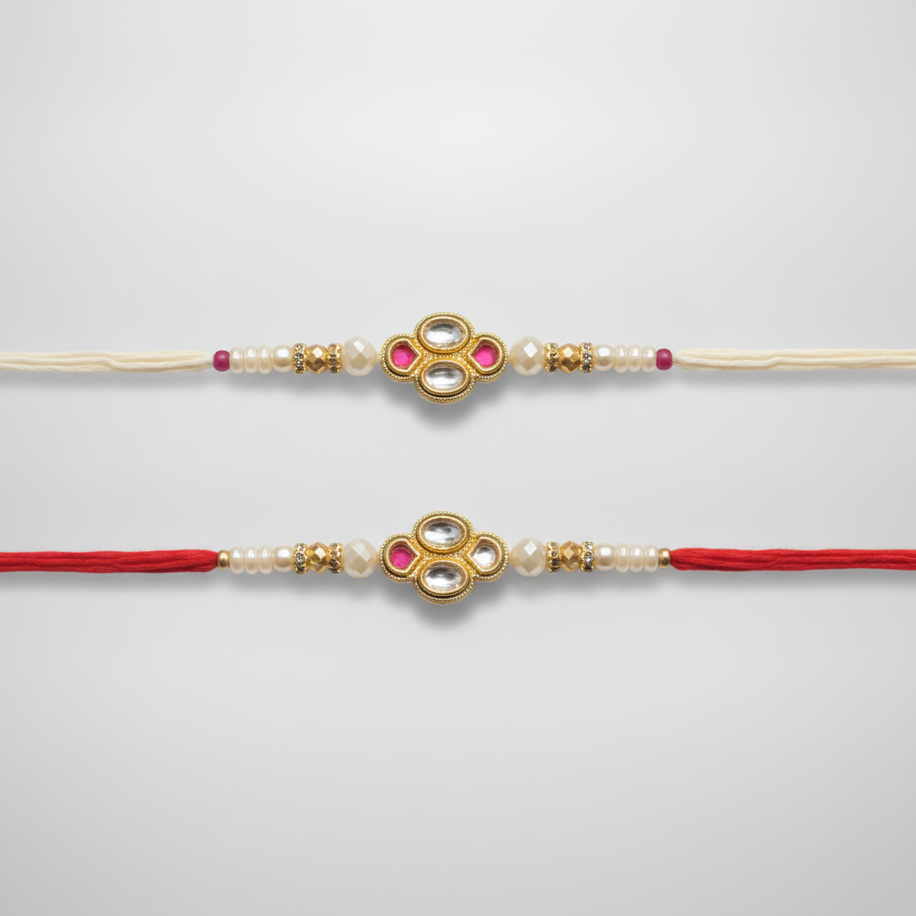 Traditional Kundan Rakhi Set of 2 – White & Red Thread