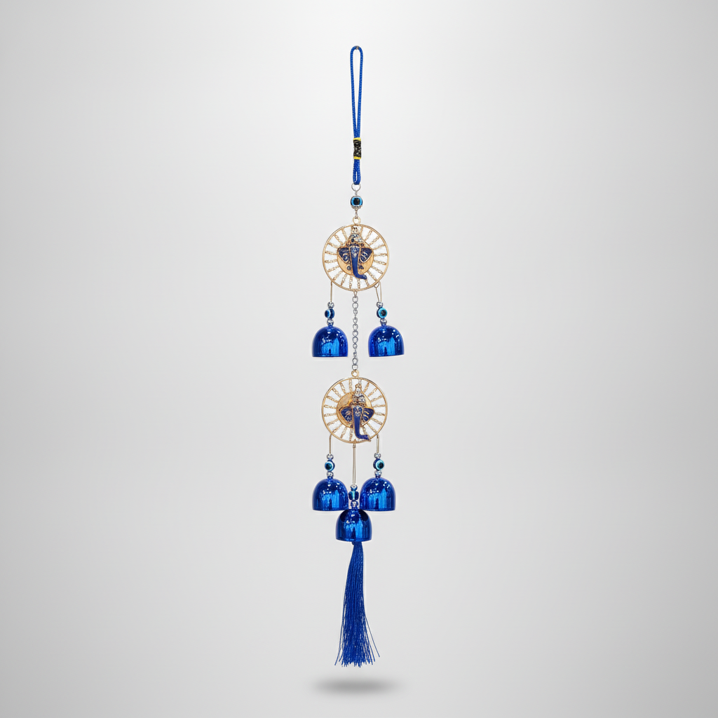 Ganesha Evil Eye Wind Chime Wall Hanging with Blue Bells