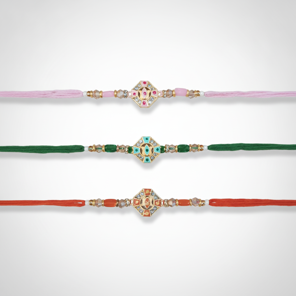Traditional Meenakari Rakhi Set of 3 – Pink, Green & Red