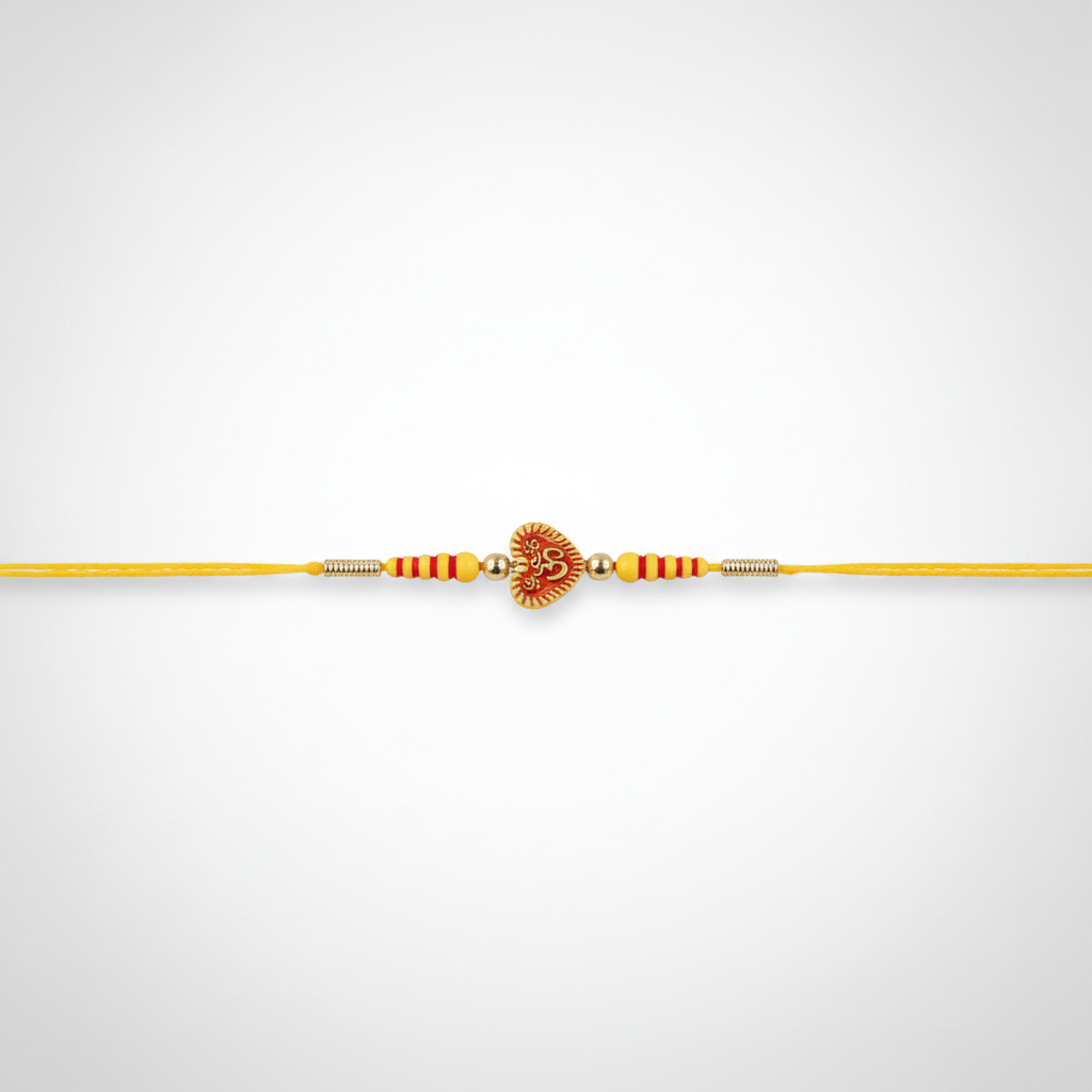 Om & Swastik Gold Charm Rakhi – Red & Yellow Thread