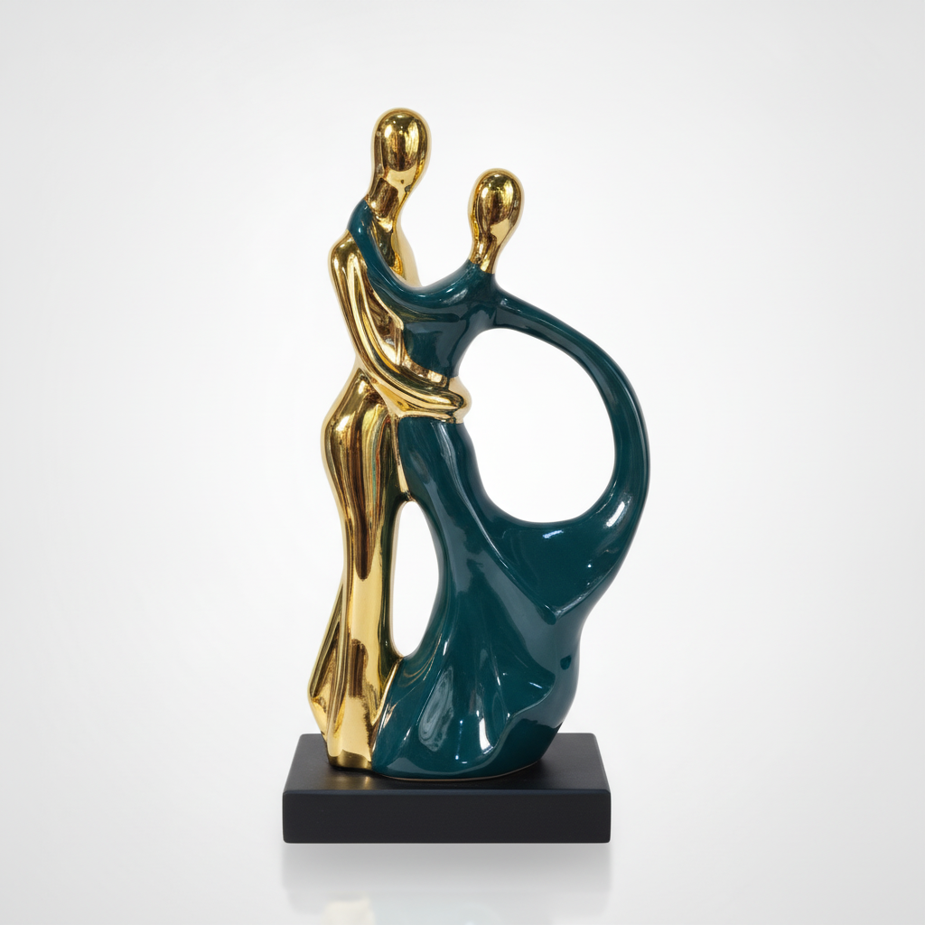 Dancing Couple Sculpture – Gold & Teal Ceramic Figurine