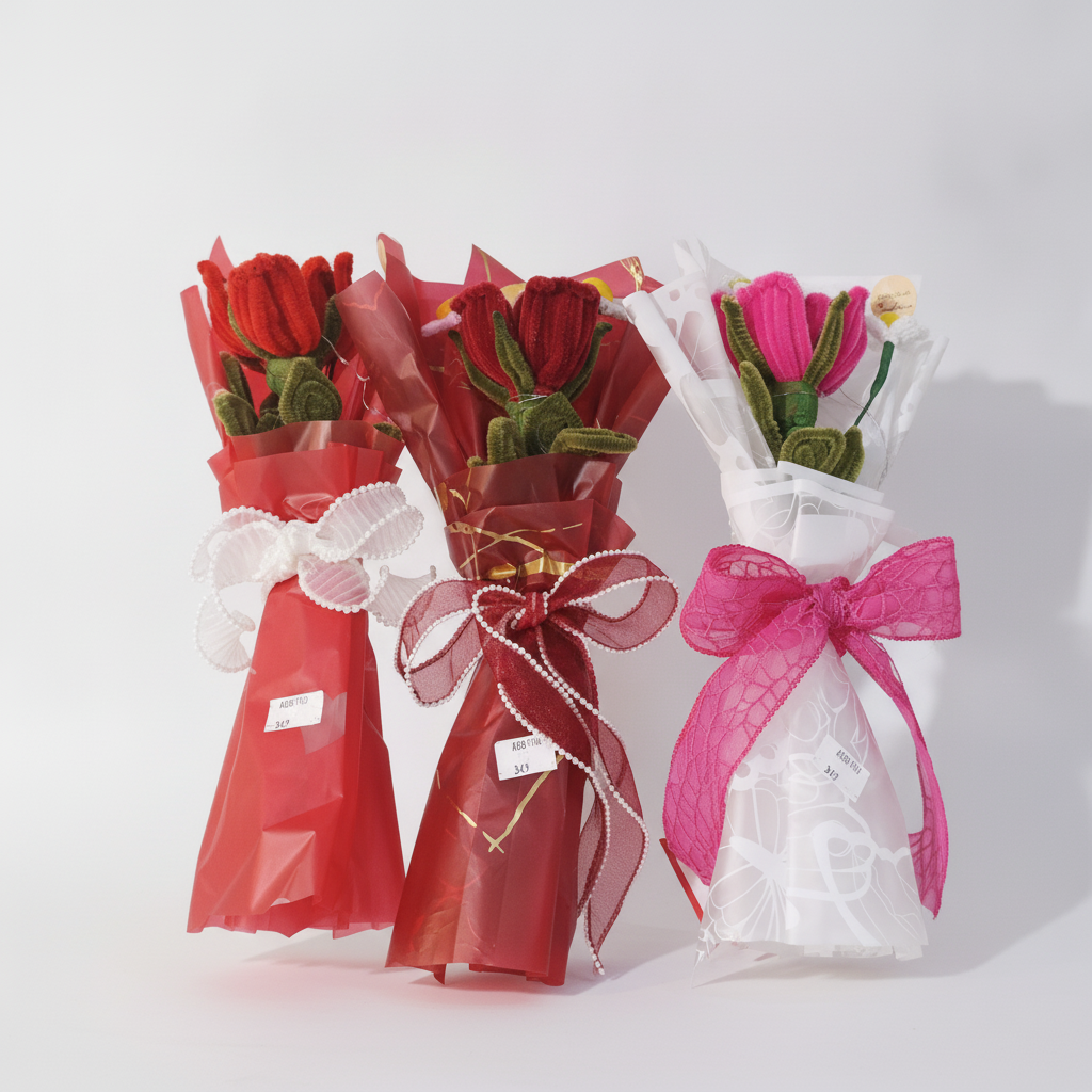 Handcrafted Velvet Tulip Bouquet with Ribbon Bow