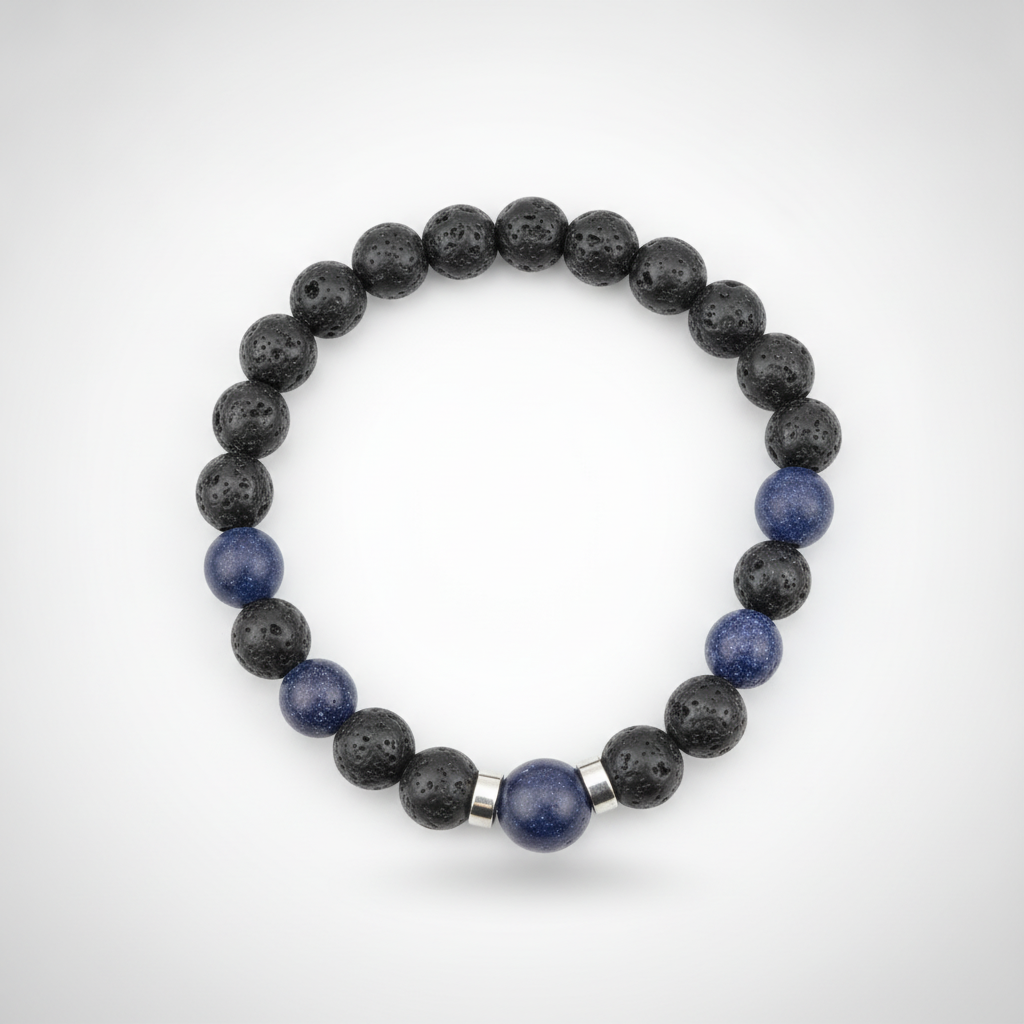 Lava Stone & Blue Goldstone Beaded Bracelet with Steel Clasp