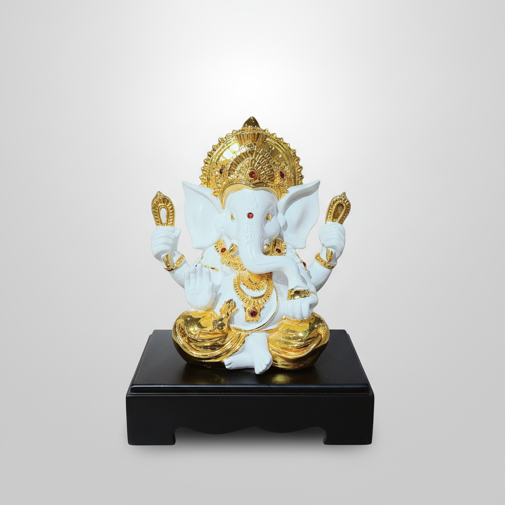 Ganesh Statue 9 Inch | White & Gold Ganesha Idol