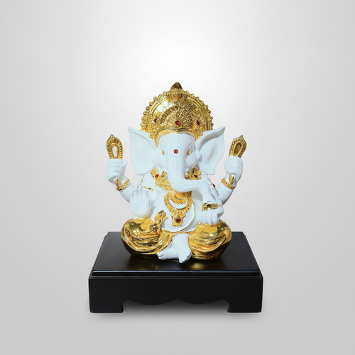 Ganesh Statue 9 Inch | White & Gold Ganesha Idol