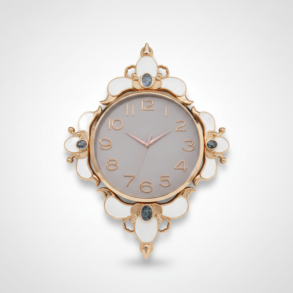 Elegant Rose Gold Floral Wall Clock with White Enamel
