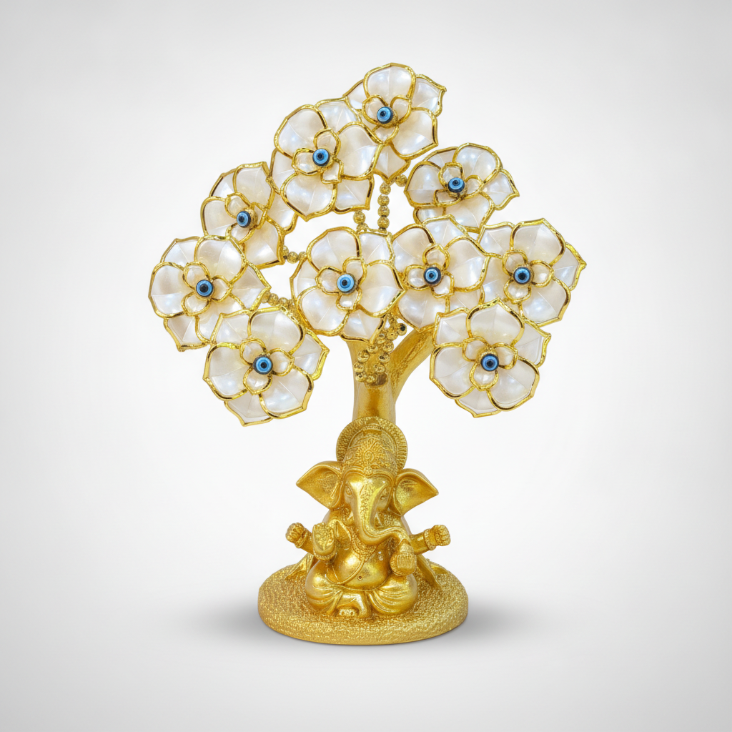 Golden Ganesha Evil Eye Flower Tree Decorative Figurine