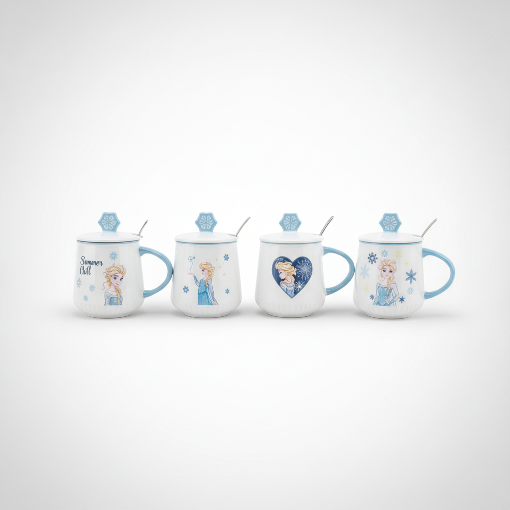 Frozen Elsa Ceramic Mug with Lid & Spoon – Set of 4
