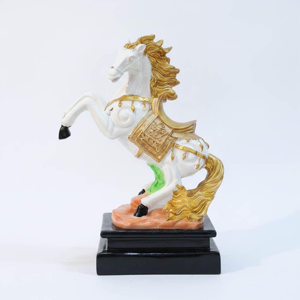 Rearing White & Gold Horse Figurine on Black Base