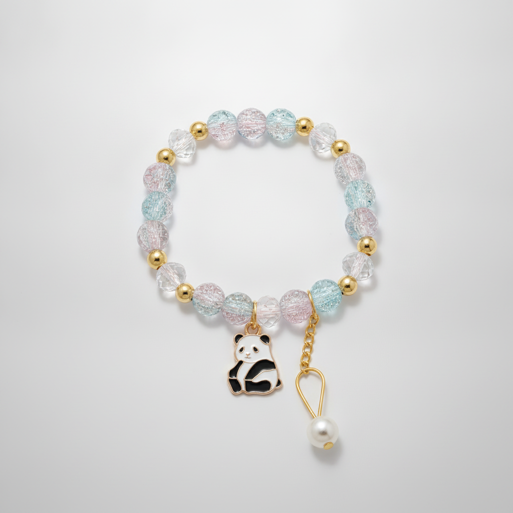 Crystal Bead & Panda Charm Stretch Bracelet with Pearl Drop
