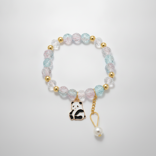 Crystal Bead & Panda Charm Stretch Bracelet with Pearl Drop
