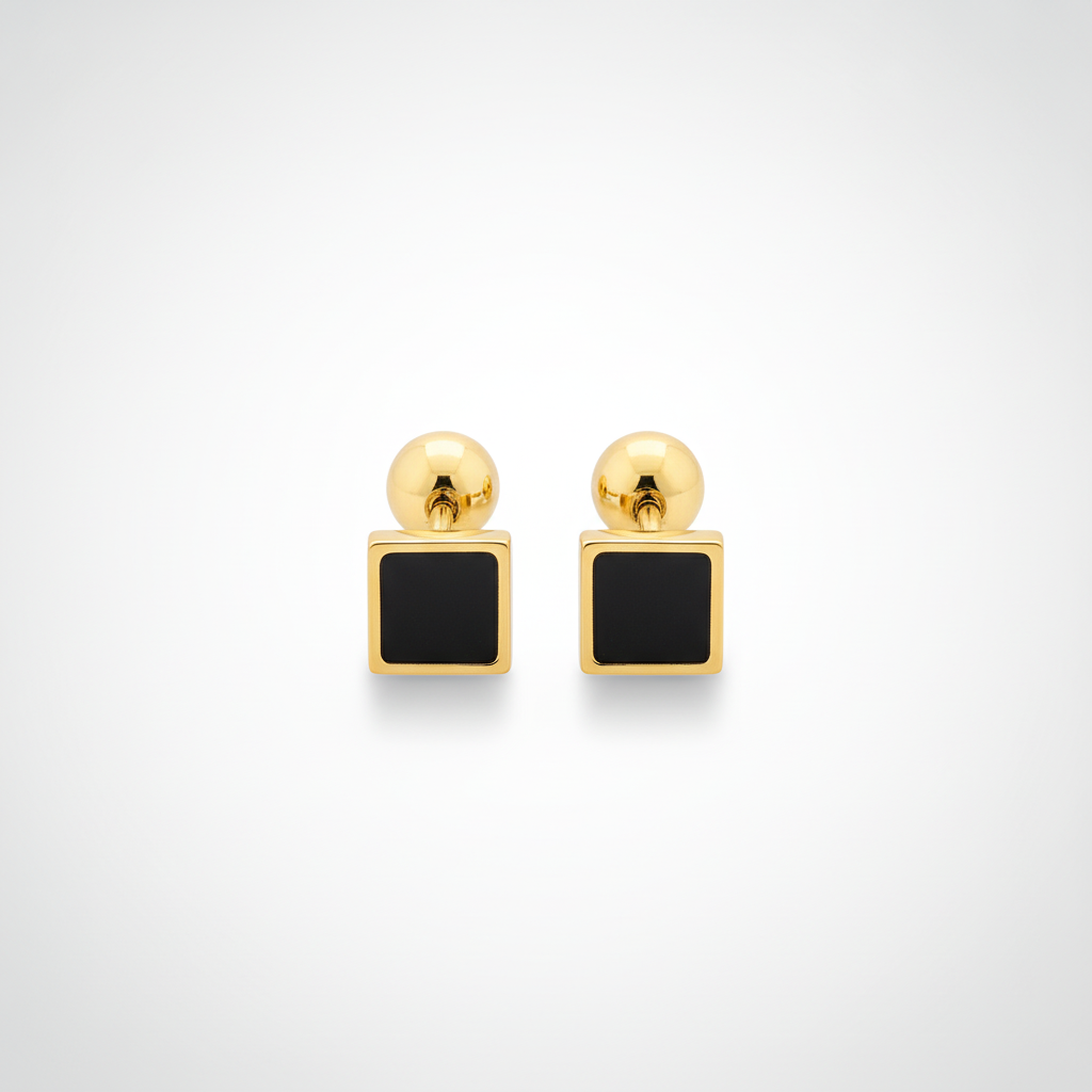 Men's Gold Square Stud Earrings with Dark Stone Inlay