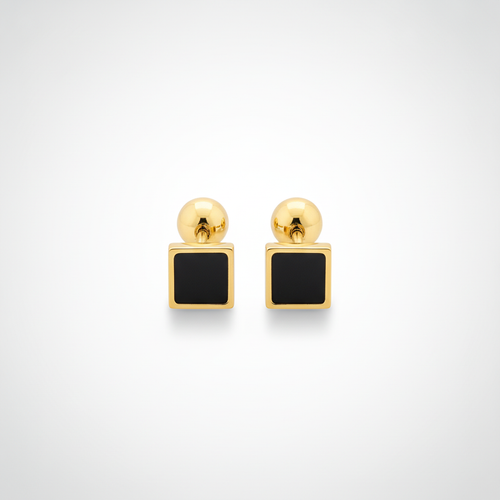 Men's Gold Square Stud Earrings with Dark Stone Inlay
