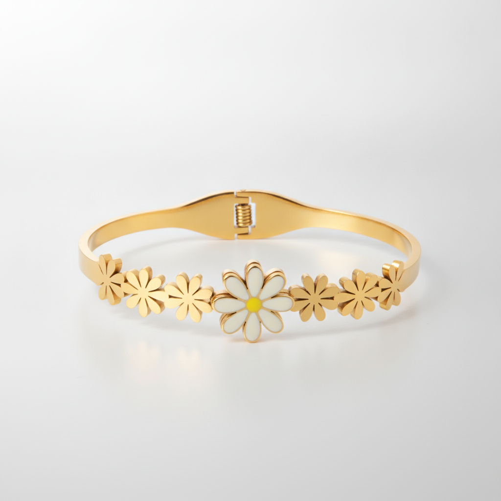 Gold Daisy Flower Bangle Bracelet for Women