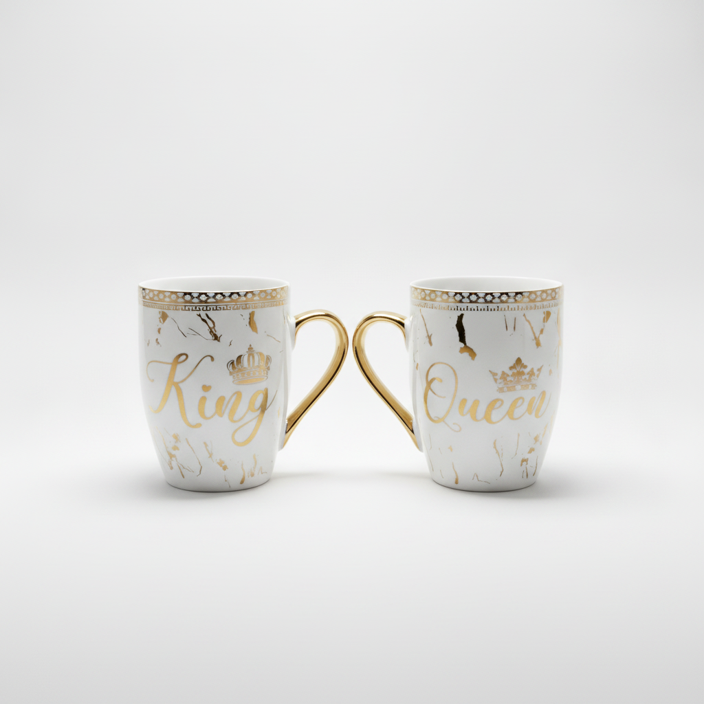 King & Queen Couples Mug Set – Matching Gold Crown Mugs