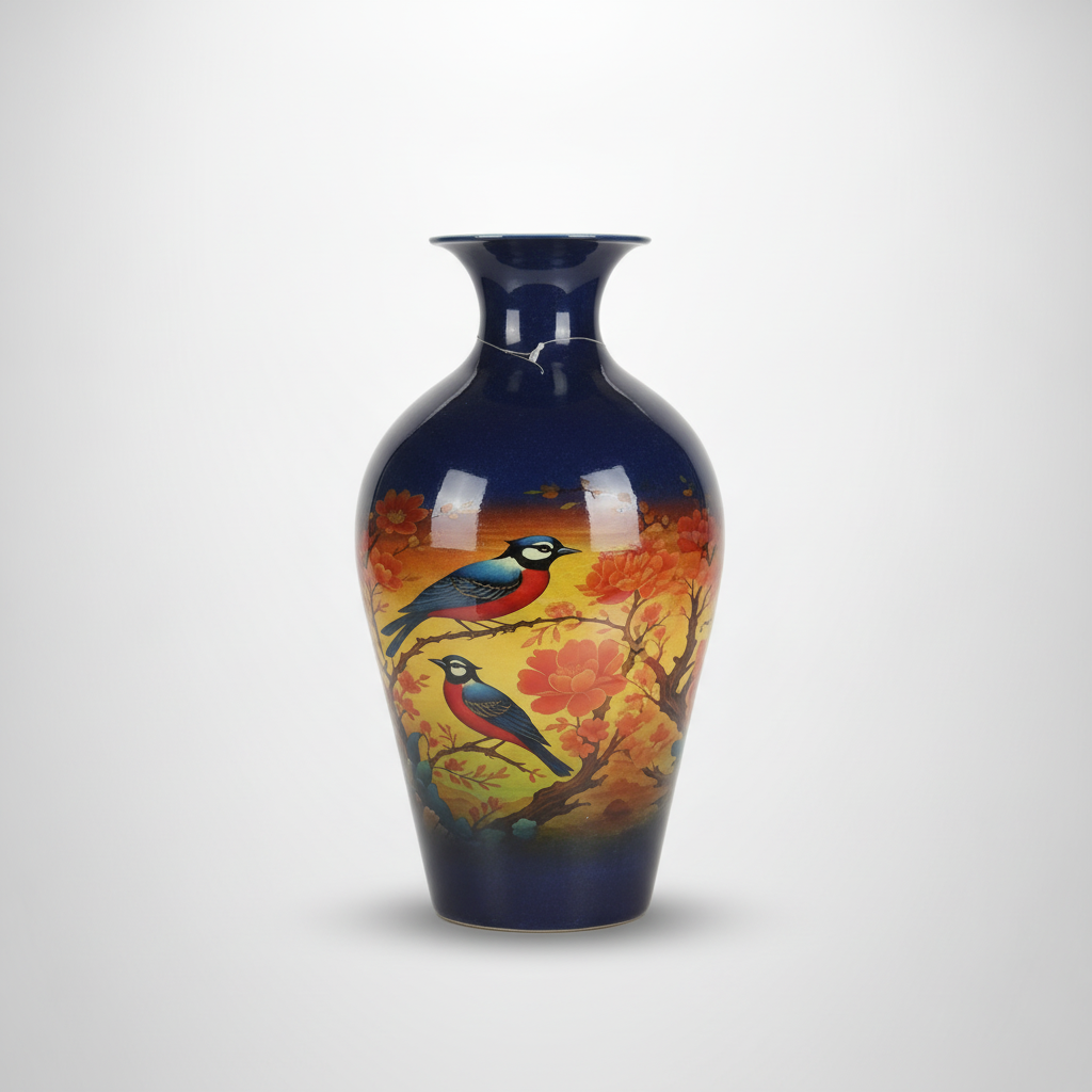 Handpainted Ceramic Vase – Birds & Blossoms, Navy Blue