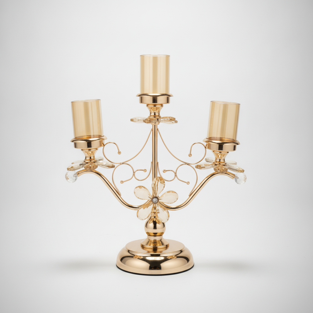 3-Arm Gold Crystal Candelabra Candle Holder with Glass Cups