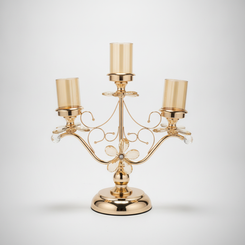 3-Arm Gold Crystal Candelabra Candle Holder with Glass Cups